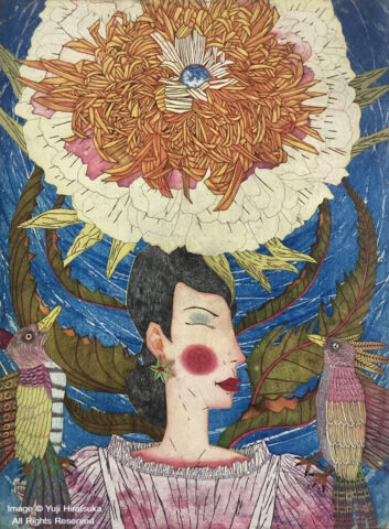 Yuji Hiratsuka Etching of a Beautiful Woman and Birds