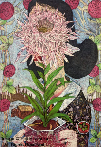 Yuji Hiratsuka Etching of a Woman and Flowers
