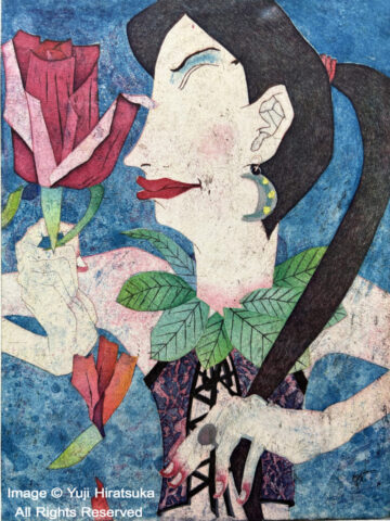 Yuji Hiratsuka Etching of a Woman and Flowers