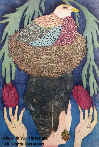 Yuji Hiratsuka Etching of a Woman and a Bird in a Nest