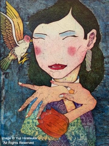 Yuji Hiratsuka Etching of a Woman and a Bird