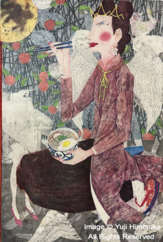 Yuji Hiratsuka Etching of Angel eating lunch Gazing at the Moon