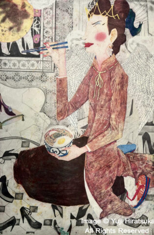Yuji Hiratsuka Etching of Angel eating Lunch with High Heels gazing at the Moon