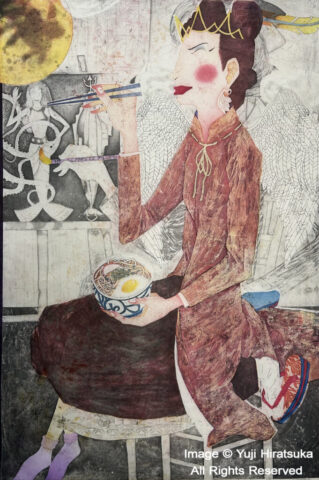 Yuji Hiratsuka Etching of Angel eating and gazing at the Moon