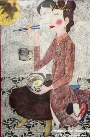 Yuji Hiratsuka Etching of an Angel gazing at the moon having tea and Udon