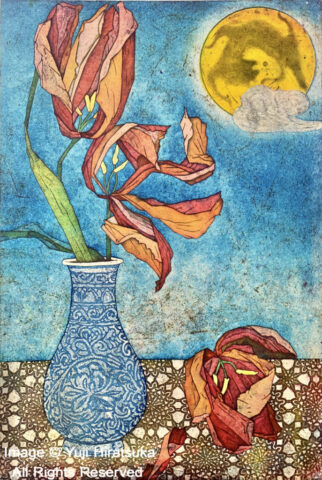 Yuji Hiratsuka Etching of a Flower in Moonlight
