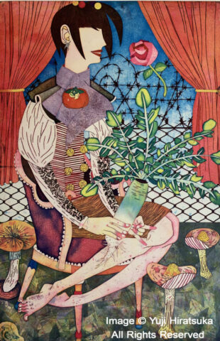 Yuji Hiratsuka Etching of A beautiful woman with a Daikon Raddish