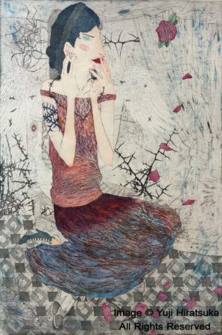 Yuji Hiratsuka Etching of An Angel with Torns and Rose Petals