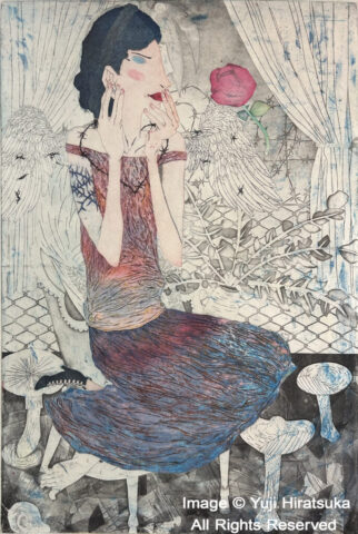 Yuji Hiratsuka Etching of an Angel with thorns and a rose