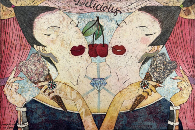 Yuji Hiratsuka Etching of Two Women and Cherries