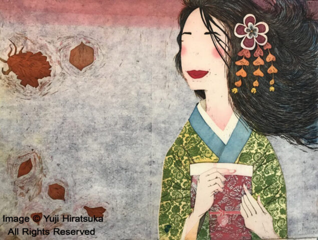 Yuji Hiratsuka Etching of a Woman's Hair blowing in the wind with leaves